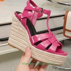 여성용 크로스 스트랩 오픈 토 웨지 샌들 단색 진짜 특허 가죽 에스파듀 신발 최신 여름 14cm 힐, 10 42, 01 빠른, 12 as picture