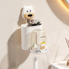 卡通吸盤牙刷置物架免打孔壁掛式牙膏牙杯架衛生間兒童漱口杯可愛, 1個, 吸盤牙刷架/帶杯子【小白熊】:1個
