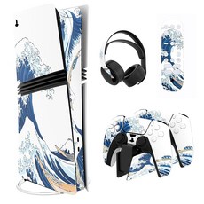 PlayVital PS5 Pro 본체 디지털 및 디스크 대응용 풀세트 커스텀 스티커 컨트롤러 헤드셋 충전 스탠드 미디어 리모컨용 데칼 스티커 커버(흰색) – 가나가와 오키나