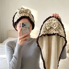 eomo-19 guazi-679 고급 레이스 꽃무늬 헤어타월 산호사 드라이캡 부드러운 흡수 빠른 헤어캡 욕실, 아이보리, 2개