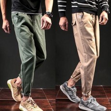 남성 슬림핏 9부 면바지 크롭 팬츠 편안한 코튼 슬랙스 밴딩 바지