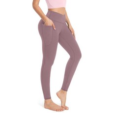 Boerfmian 여성용 레깅스 포켓 요가 팬츠 여성용 하이 웨이스트 크로스오버 운동 레깅스 라운지 요가 팬츠 더스티 핑크. XS