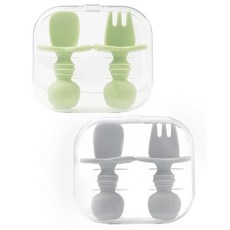 DF DUALFERV 아기 스푼 4개 자가 수유 6개월 실리콘 아기 스푼 1단계 및 아기 포크 아기 LED 이유식을 위한 유아 식기 케이스 2개 포함 (그린 그레이), DF DUALFERV 아기 스푼 4개, 자가 수유 6개