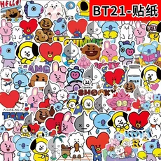 카와이 BT21 스티커 여행가방 노트북 자동차 휴대폰 냉장고 방수 스티커 쿠키 코야 타타 애니메이션 선물, 02 82PCS
