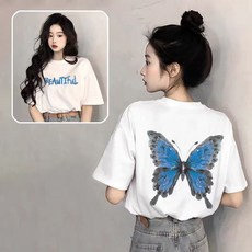 순면 블랙 라운드넥 반소매 티셔츠 여성용 2025년 여름 디자인 나비 프린트 상의