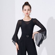 글로리존 밸리 라틴 댄스 의상 현대 무용 연습복 드레스 탑, XXL, 블랙