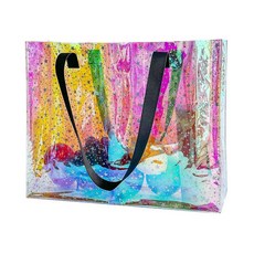 TotePrint 홀로그램 투명 토트백 블랙 핸들 레인보우 스타디움 승인 PVC 비치 핸드백 여성용 쇼핑용 홀로그램 레드 스타