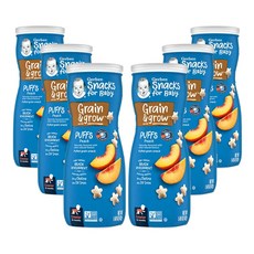 거버 아기용 간식 곡물 및 성장 퍼프 곡물 간식 8개월 이상 1.48온스, 42g, 6개, 복숭아