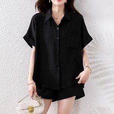 SELEAD 여성여름블라우스 반팔블라우스 반팔셔츠 빅사이즈블라우스 루즈핏셔츠 블랙블라우스