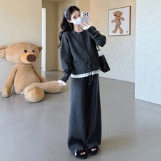 韓國孕婦針織套裝 花邊拼接系帶毛衣 坑條闊腿褲 寬鬆 軟糯親膚 懶人套裝