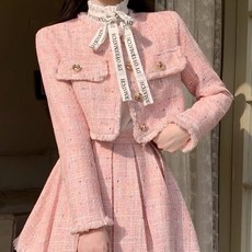 히또리 C0279 트위드 골드 버튼 노카라 크롭 자켓 + 하이웨스트 주름 미니 스커트 셋업