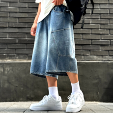 시온 사이드 포켓 데님 와이드 버뮤다팬츠