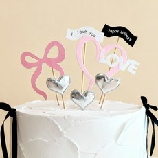 블랙 핑크 리본 하트 케이크 토퍼 2종 생일 기념일 파티 장식 데코, 1개, 러블리 핑크 리본
