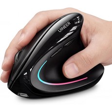 유니어 인체공학 마우스 무선 블루투스 충전식 수직 7색 LED 4DPI 조절 가능 USB-A 손목 변형 컴퓨터PC노트북용 광학 검은색블랙, Black
