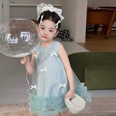 女童連衣裙 蝴蝶結 夏季網紗公主洋氣甜美時髦無袖裙 90-130cm
