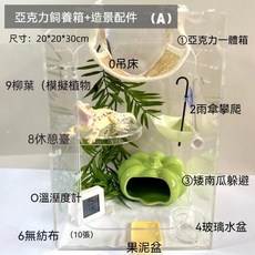 透明亞克力飼養箱 造景缸 睫角守宮 攀爬躲避套裝 20*20*30cm, 1個, 20*20*30飼養套餐A