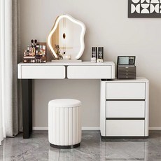 舒心美鏡實木高檔梳妝臺 輕奢化妝桌 臥室斗櫃 多功能梳妝桌, 全實木+岩板桌面【白色】長45三斗櫃,81.3cm桌+櫃子【無凳無鏡】