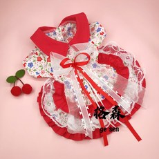 【格森】洛麗塔風貓咪公主連衣裙 寵物聖誕新年衣服 狗狗服飾, 洛麗塔碎花裙+櫻桃髮夾,M, 1個