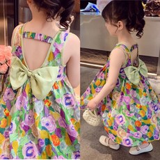 Arbea 女童露背洋裝 碎花蝴蝶結設計