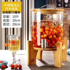 臺灣出貨大容量冷水壺涼水壺帶龍頭檸檬水壺果汁可樂飲料桶容器泡酒玻璃瓶廚房神器, 5升+不銹鋼龍頭+竹底座, 1個