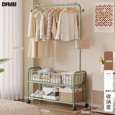 DFMEI 晾衣架落地移動主臥室內簡易家用房間隔夜衣服收納置物架跨境批發, 雙層90抹茶綠+收納筐:無規格