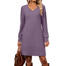 Halife 여성용 니트 긴소매 가을 드레스 캐주얼 브이넥 튜닉 스웨터 드레스 포켓 포함 퍼플. XXL