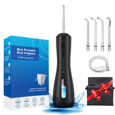 電動沖牙器 便攜式水牙線 智能洗牙器 沖牙機 牙套清洗 牙齒清潔, 黑色