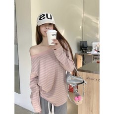 달콤한 스타일의 스트라이프 오프숄더 긴팔 T 9월 여성용 루즈핏 슬림핏 오프숄더 학생 상의