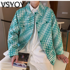 vsyoy 작은 향기로운 스타일 격자 무늬 코트 하라주쿠 포트 스타일 오버 사이즈 루즈 타이드 남성 커플 옷깃 재킷 고급 느낌