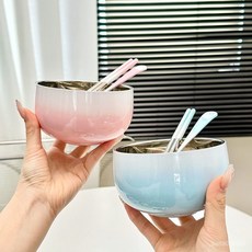 漸變色不銹鋼雙層碗 家用成人大飯碗套裝 兒童湯碗防摔防燙碗, 漸變粉+漸變藍14CM成人款, 1個