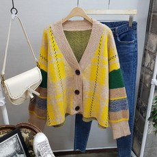 Imagination & Beyond 女款加厚V領格紋拼色寬鬆長袖開襟衫