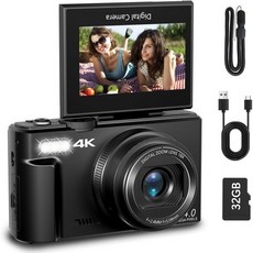 사진 촬영 및 브이로그용 4K 디지털 카메라 6400만 화소 컴팩트 유튜브용 3인치 180도 플립 스크린 18배 줌 포인트 앤 슛 초보자용 32GB 마이크로 SD 카드 포함