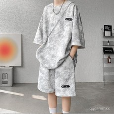 夏季套裝男 小衆 設計感 紮染 五分袖T恤短褲套裝 潮流 酷帥 大碼 男裝一整套 短袖短褲夏套裝 BF風 運動風男裝