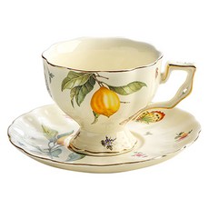 Le Pei 빈티지 세라믹 레몬 커피잔 + 컵받침 세트 LP002, 1세트, 화이트 + 골드