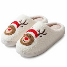GJIKE 크리스마스 슬리퍼 겨울 따뜻한 플러시 패턴 부드러운 미끄럼 방지 실내 하우스 슈즈 남성 여성용 A-순록 여성 6.5~7/남성 5.5~6