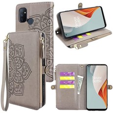 CMIDUS [RFID 차단] 카드 슬롯 프리미엄 가죽 플립 지퍼 지갑 케이스 커버 파우치 백 손목 스트랩 ID 홀더 킥스탠드 포켓 핸드백 Oneplus Nord N100 5G