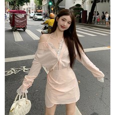 오프숄더 원피스 여성용 초가을 레이스 배색 긴소매 셔츠 미니스커트