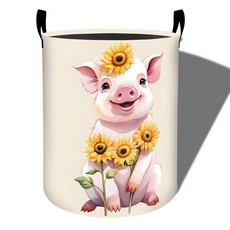 Amepay 감성 돼지 세탁 바구니 해바라기 디자인 접이식 옥스포드 천 손잡이가 달린 생활 방수 더러운 옷 욕실 침실 기숙사용 의류 보관 버킷 장난감 정리함 50 x 39, Amepay 감성 돼지 세탁 바구니, 해바라기 디자인