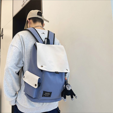 簡約雙色拼接後背包 潮流休閒背包, 藍色【無挂件】