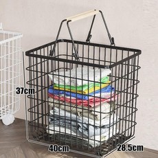 욕실용 이동식 옷걸이 바구니 분리형 세탁물 정리함, 1개, 큰 바구니 포함 우드 스트립 손잡이 블랙 B