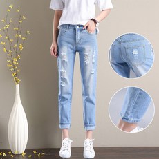 쁘띠꼬모 여성 데미지 일자핏 롤업 청바지 팬츠 블루 GX591042