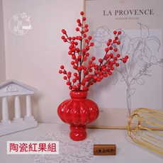 無名精選 陶瓷紅果組，新春佈置招財迎春桌花花器，紅色花瓶居家擺設, 陶瓷紅果組（花瓶+配件）