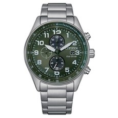 CITIZEN 星辰 CA0770-72X 光動能碼錶計時三眼不鏽鋼腕錶 綠色面盤 43mm