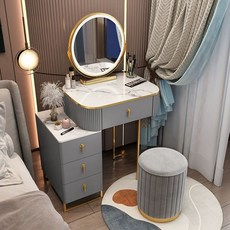 화장대세트 대리석 led 테이블 캐비닛 거울 콘솔 미니 서랍 조명, 인조 보드, 완전 조립 완료, 그레이화이트 50cm 스마트 미러 라운드 스툴
