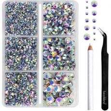 BEADSLAND 핫픽스 라인스톤 4000 PCS AB 의류 공예용 라인스톤 왁스 펜슬 및 핀셋 키트와 혼합된 6가지 사이즈 SS6-SS30 크리스탈 AB, Crystal AB