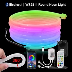 24V WS2811 주소 지정 가능 픽셀 LED 네온 스트립 원격/블루투스/WiFi Tuya APP RGBIC 방수 원형 튜브 테, 03 발광 색상 8, 02 US Plug, 07 6미터