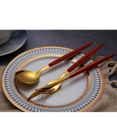 丹丹悅生活 304不鏽鋼牛排刀叉餐具組 紅金三件套, 1個, 紅金 刀叉三件組