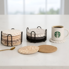 유즈나인 내추럴 코튼 코스터 컵 냄비 받침 8P + 메탈 보관 홀더 세트, 1개, 브라운 스트라이프