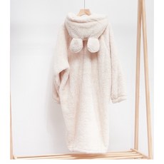 超柔軟小熊連帽珊瑚絨睡袍 可愛耳朵設計 米白色長版居家服