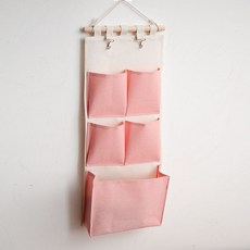 牀頭簡約多格收納袋掛袋 牆掛式 出租屋神器雜物掛鉤布藝置物袋, 5兜粉色